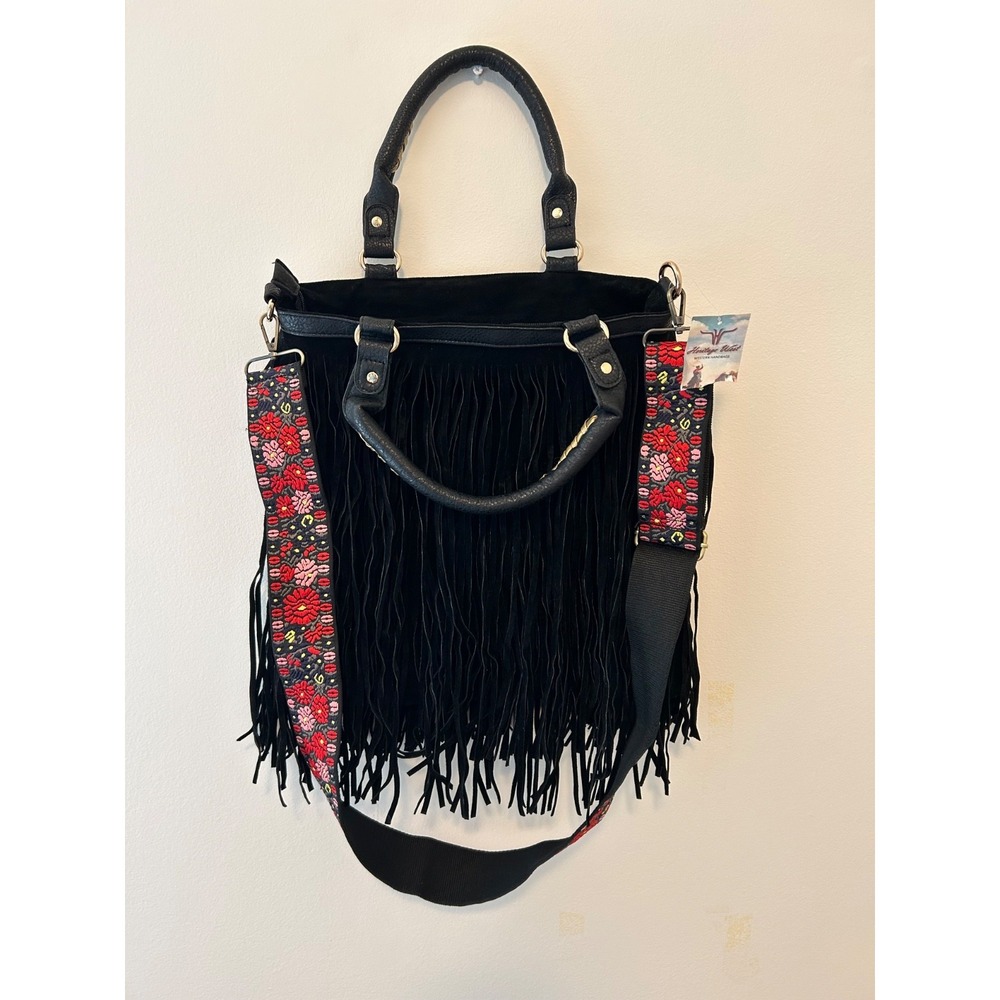 Heritage West Western Fringe Handbag – Black with Embroidered Strap – NWT